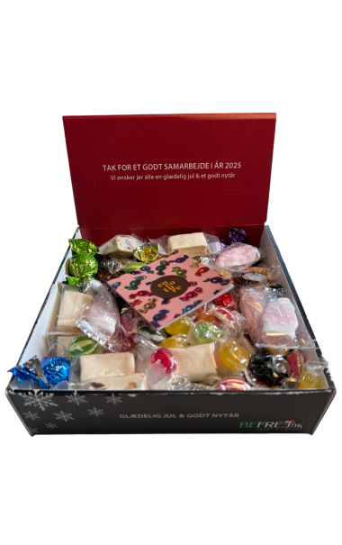 Gavekasser med EGET logo - Strrelse SMALL // 1,0 Kg. 3 forskellige variant indhold.